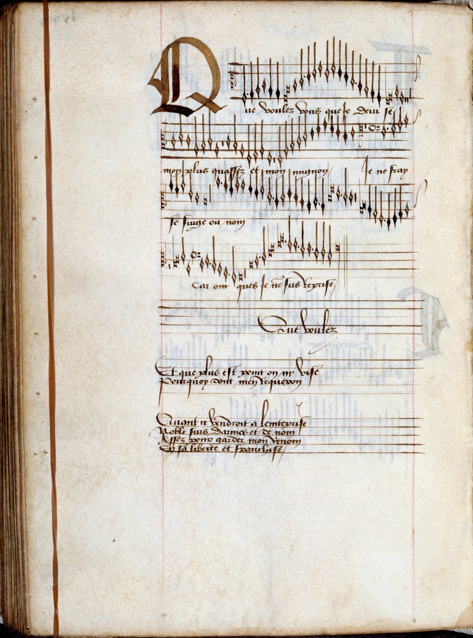 Página manuscrita de uma coleção de partituras de canções francesas. Século XV. Dijon, Biblioteca Municipal de French School