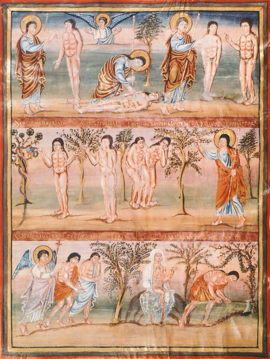 Página de manuscrito representando episódios da vida de Adão e Eva: criação de Adão e Eva. O pecado original. Expulsão do Paraíso (miniatura) de French School