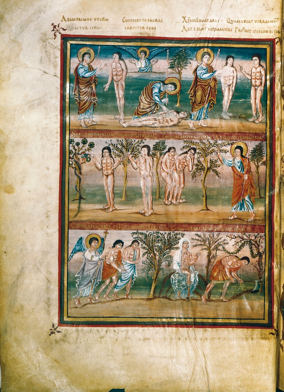 Página de manuscrito representando episódios da vida de Adão e Eva: criação de Adão e Eva. O pecado original. Expulsão do Paraíso (miniatura) de French School