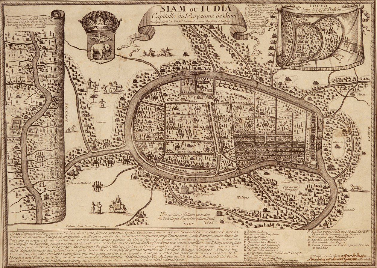 Mapa de Ayutthaya, 1686 (tinta no papel) de French School