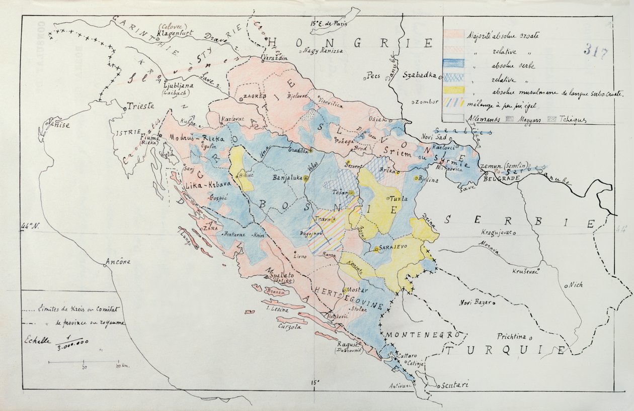 Mapa da Bósnia com detalhes das áreas ocupadas por grupos étnicos minoritários, 1910 (caneta, tinta e wc) de French School