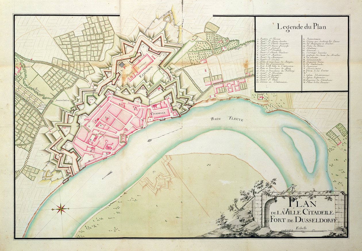 Mapa de Dusseldorf (caneta e tinta sobre papel) de French School