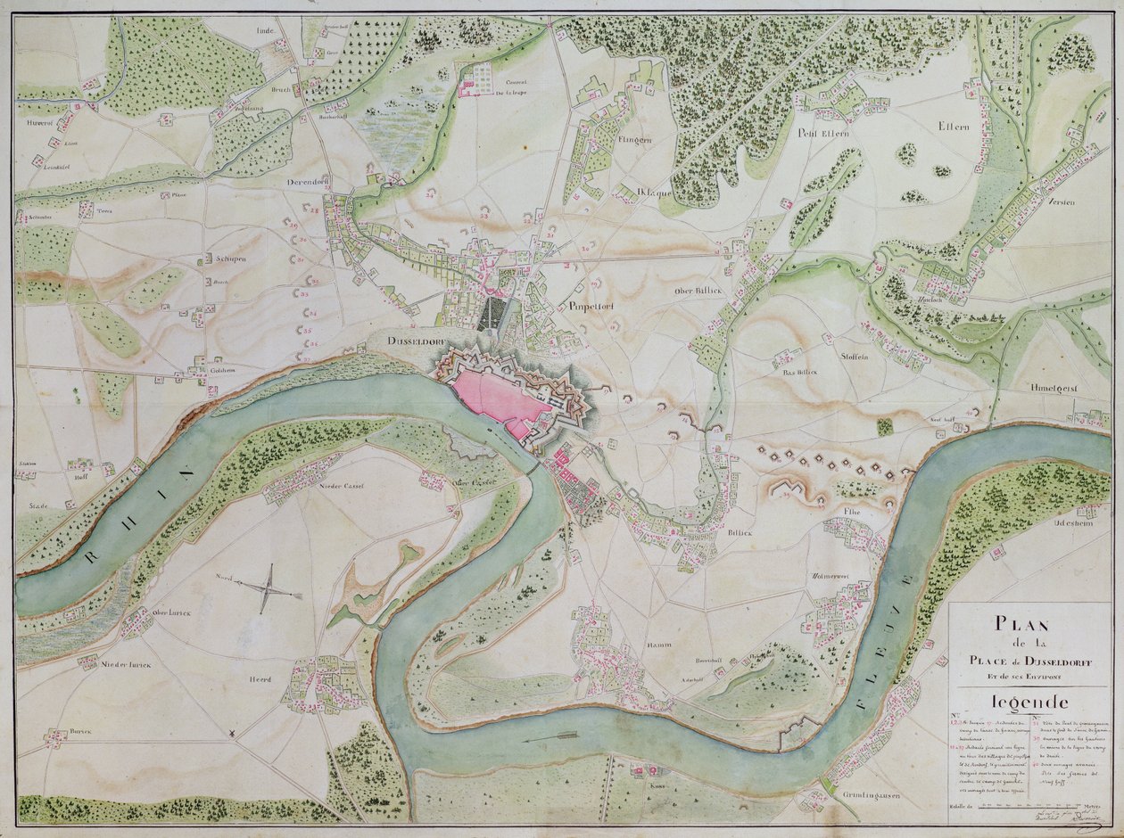 Mapa de Dusseldorf e arredores (caneta e tinta sobre papel) de French School