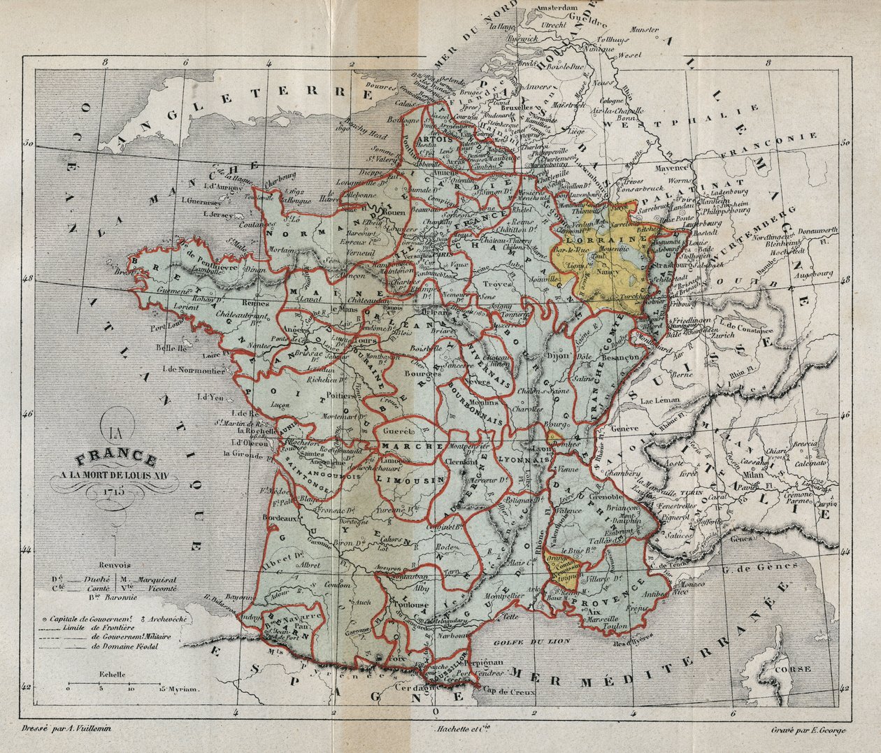 Mapa da França sobre a morte de Luís XIV em 1715 - Plan de La France a la mort de Luís XIV en 1715 - gravura em "Histoire de France" de Victor Duruy (1811-1894) - 1882 de French School