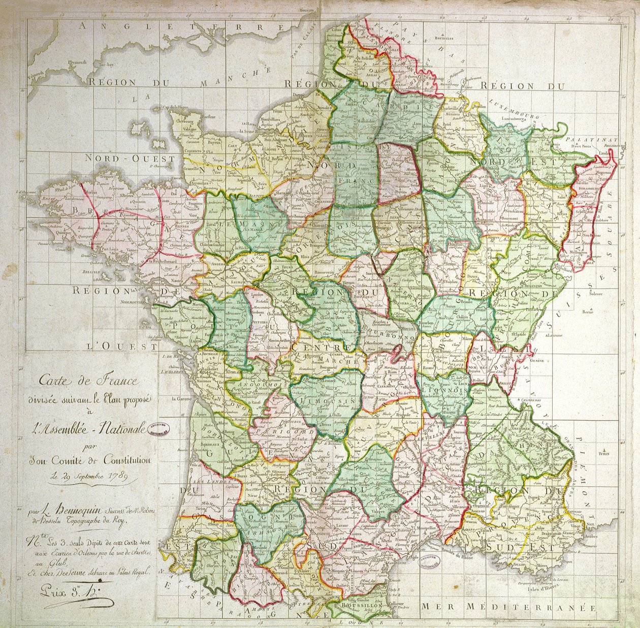 Mapa da França mostrando planos para dividir os Departamentos, 1789 (cor litho & ink) de French School