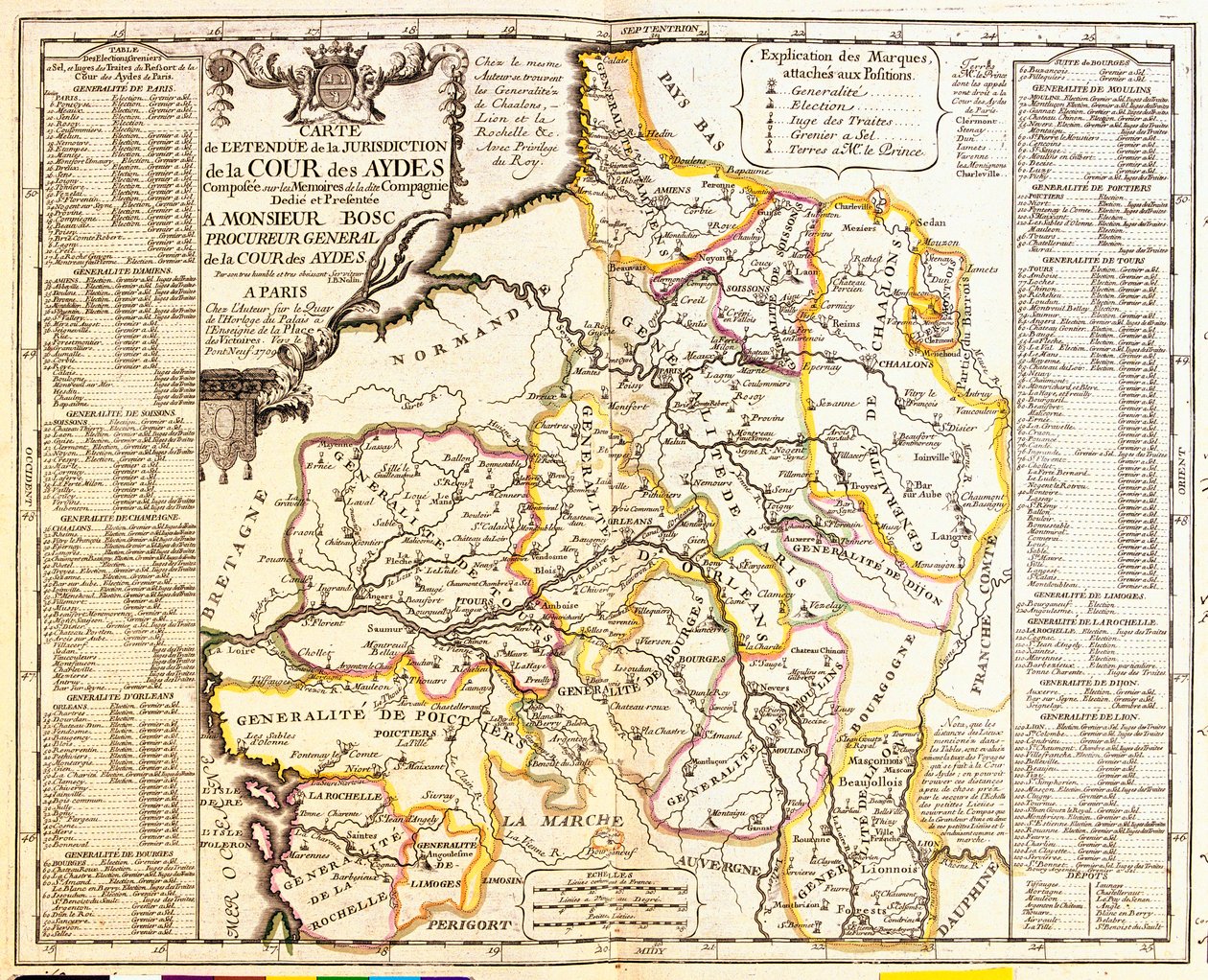 Mapa dos territórios franceses sob o imposto de 1709, do Le Theatre du Monde por Jean-Baptiste Nolin, publicado em 1717 (gravura colorida à mão) de French School