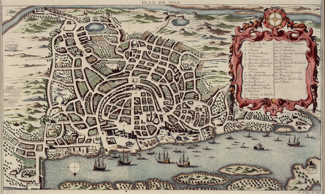 Mapa de Goa, da história geral do curso, 1750 (gravura da cor) de French School