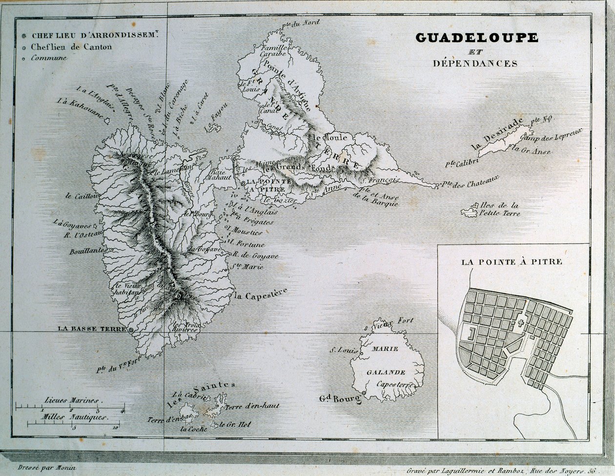 Mapa de Guadalupe e suas dependências. Gravura do século XIX. Chartres, Museu de Belas Artes de French School