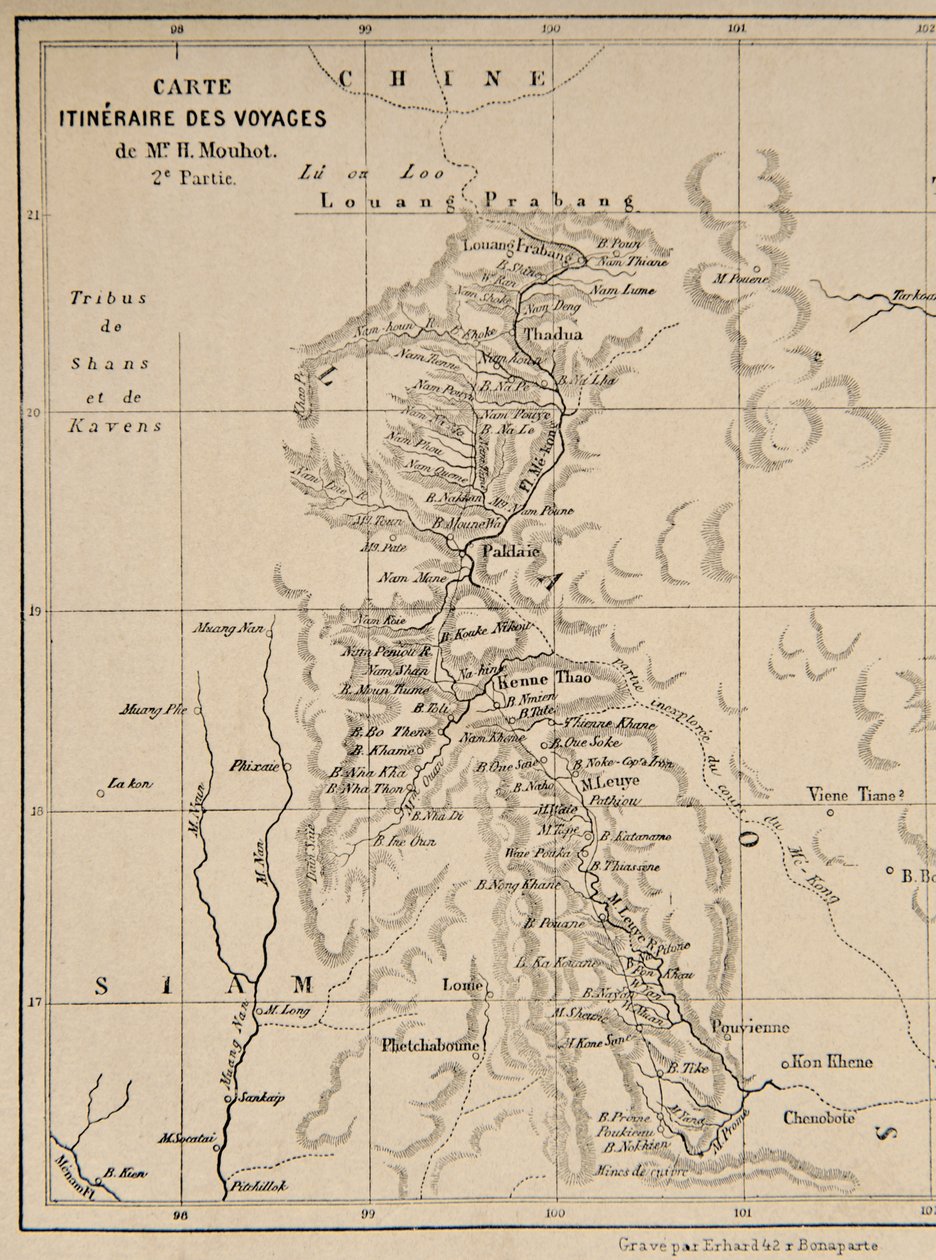 Mapa do Laos e do rio Mekong mostrando a rota da viagem de Henri Mouhot, ilustração das viagens nas partes centrais da Indochina (Siam), Camboja e Laos Durante os anos de 1858, 1859, um de French School