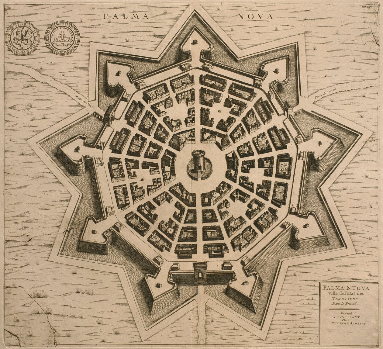 Mapa de Palmanova, de Les Villes de Venetie, 1704, publicado pela Rutgert Alberts em Haia de French School