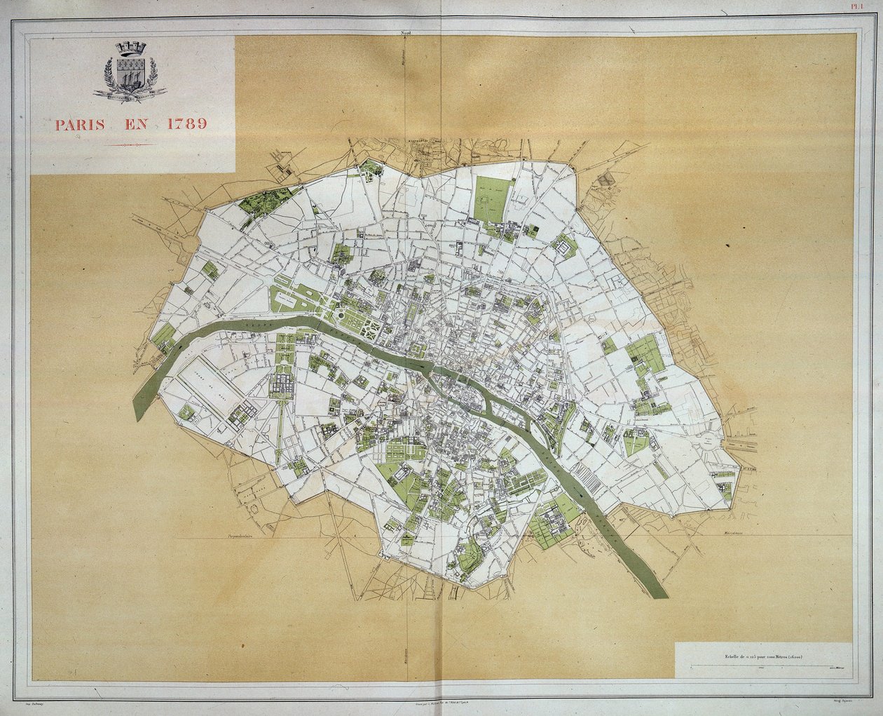 Mapa de Paris em 1789, retirado de "Les Travaux de Paris 1789-1889, Atlas", Imprimerie Nouvelle de French School