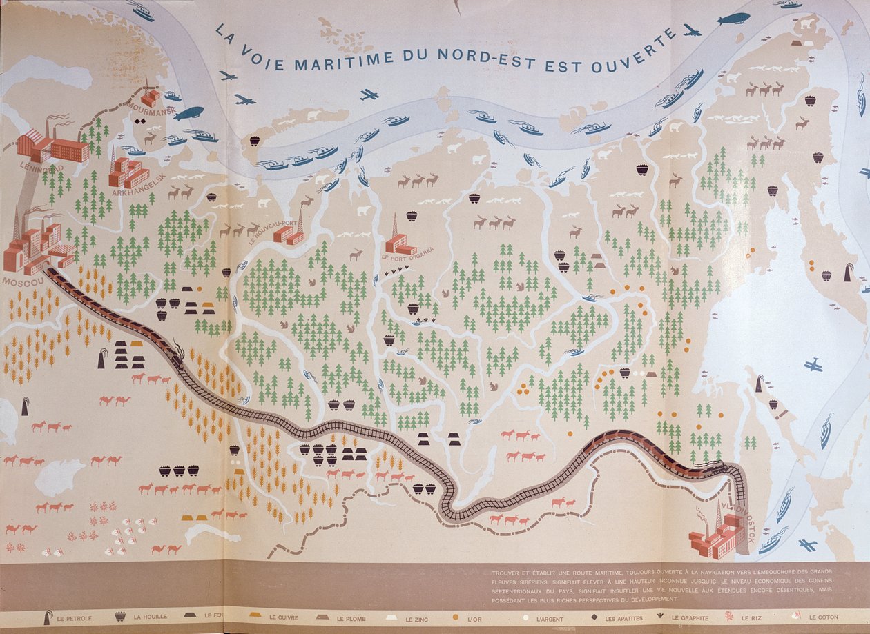 Mapa da Sibéria mostrando os imensos recursos naturais da área e retratando uma rota marítima que abriria o comércio, 1933 de French School