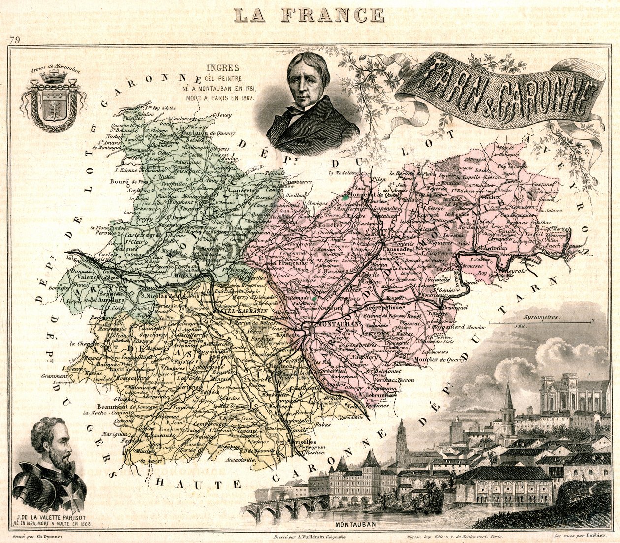 Mapa de Tarn-et-Garonne com vista de Montauban e retratos de Ingres e Jean Parisot de La Valette (cor litho) de French School