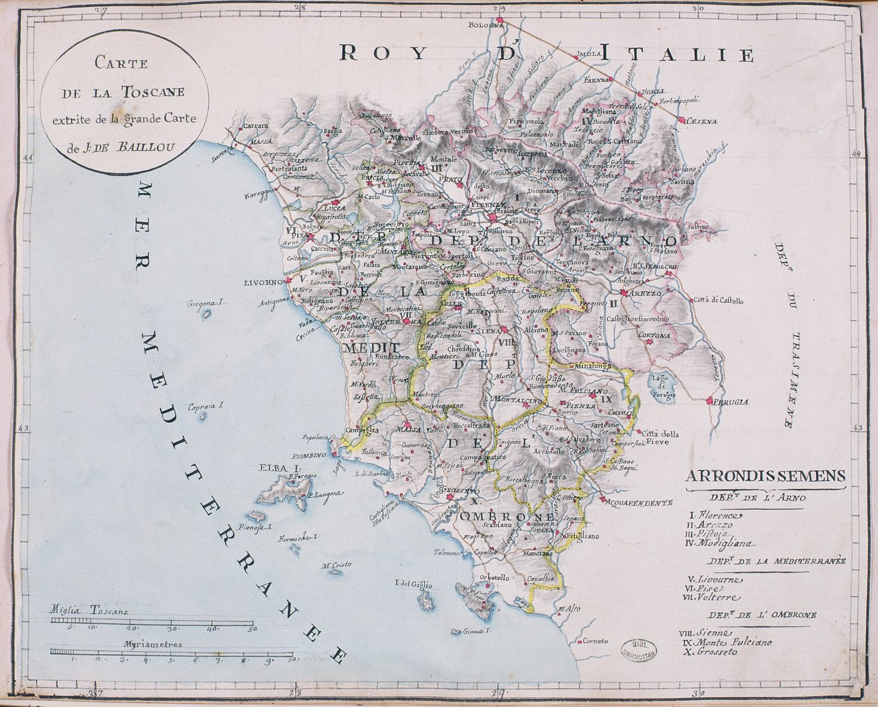 Mapa da Toscana, detalhe do grande mapa de J. de Baillou (lápis, tinta e aguarela sobre papel) de French School