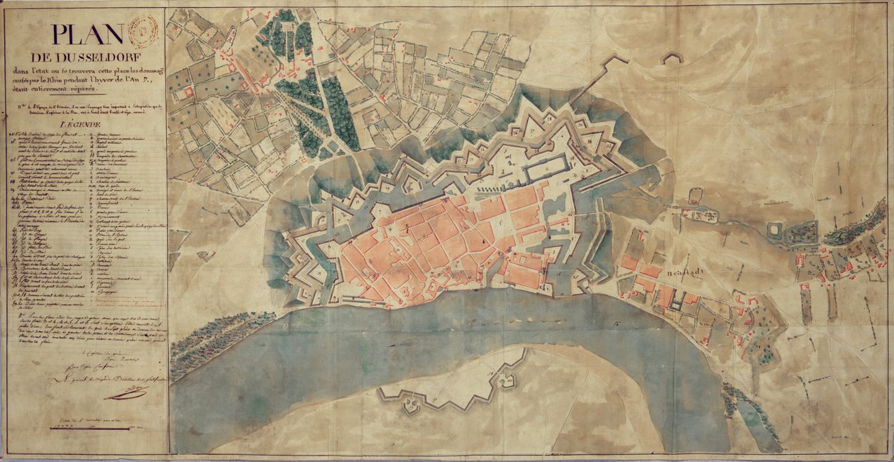 Mapa dos danos causados pelo Reno, Dusseldorf, 1799 de French School