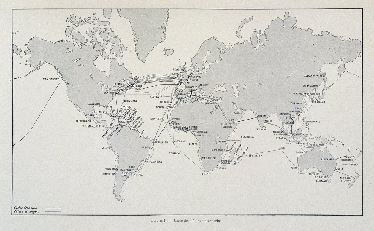 Mapa de cabos submarinos em todo o mundo - em "Through electricity" de G. Davy de French School