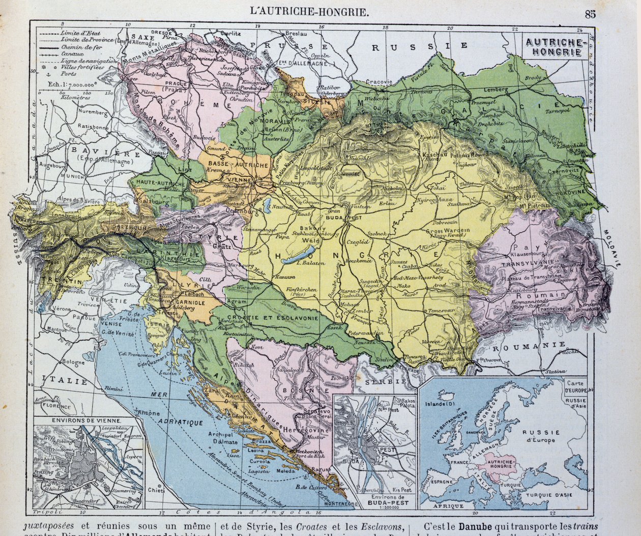 Mapa do império austro-húngaro, ilustração de um livro didático de geografia francesa, 1905 de French School