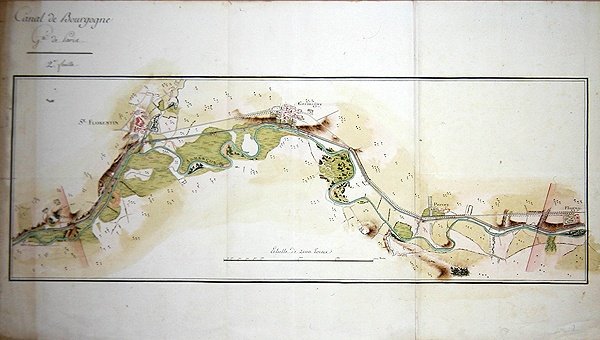 Mapa do Canal de Bourgogne, final do século XVIII (aguarela sobre papel) de French School