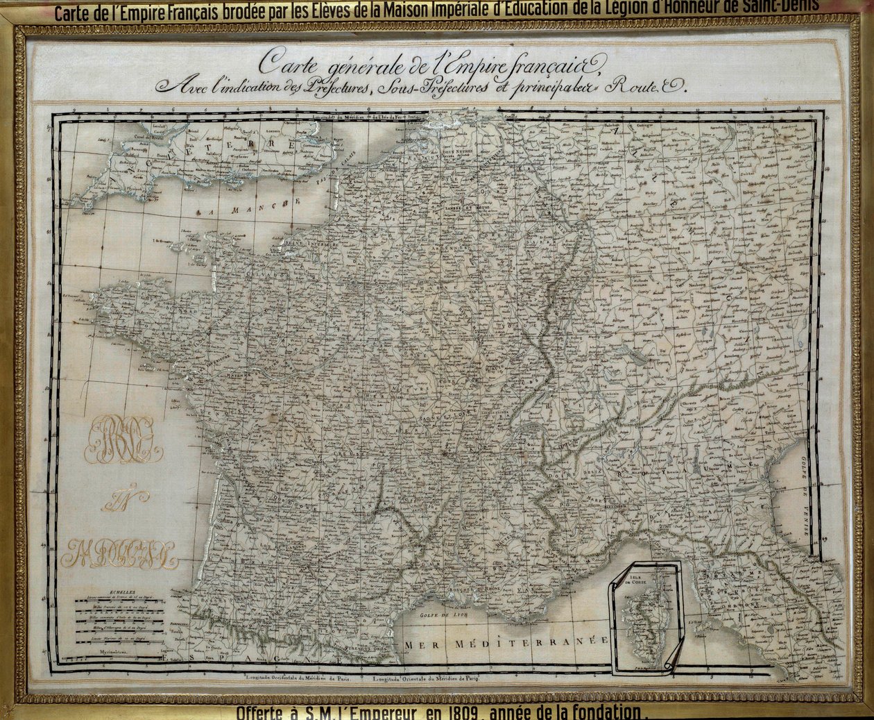 Mapa do Império Francês (Primeiro Império) bordado pelos alunos da casa imperial da Legião de Honra de Saint Denis. Imagem do bordado de 1809. Ile d