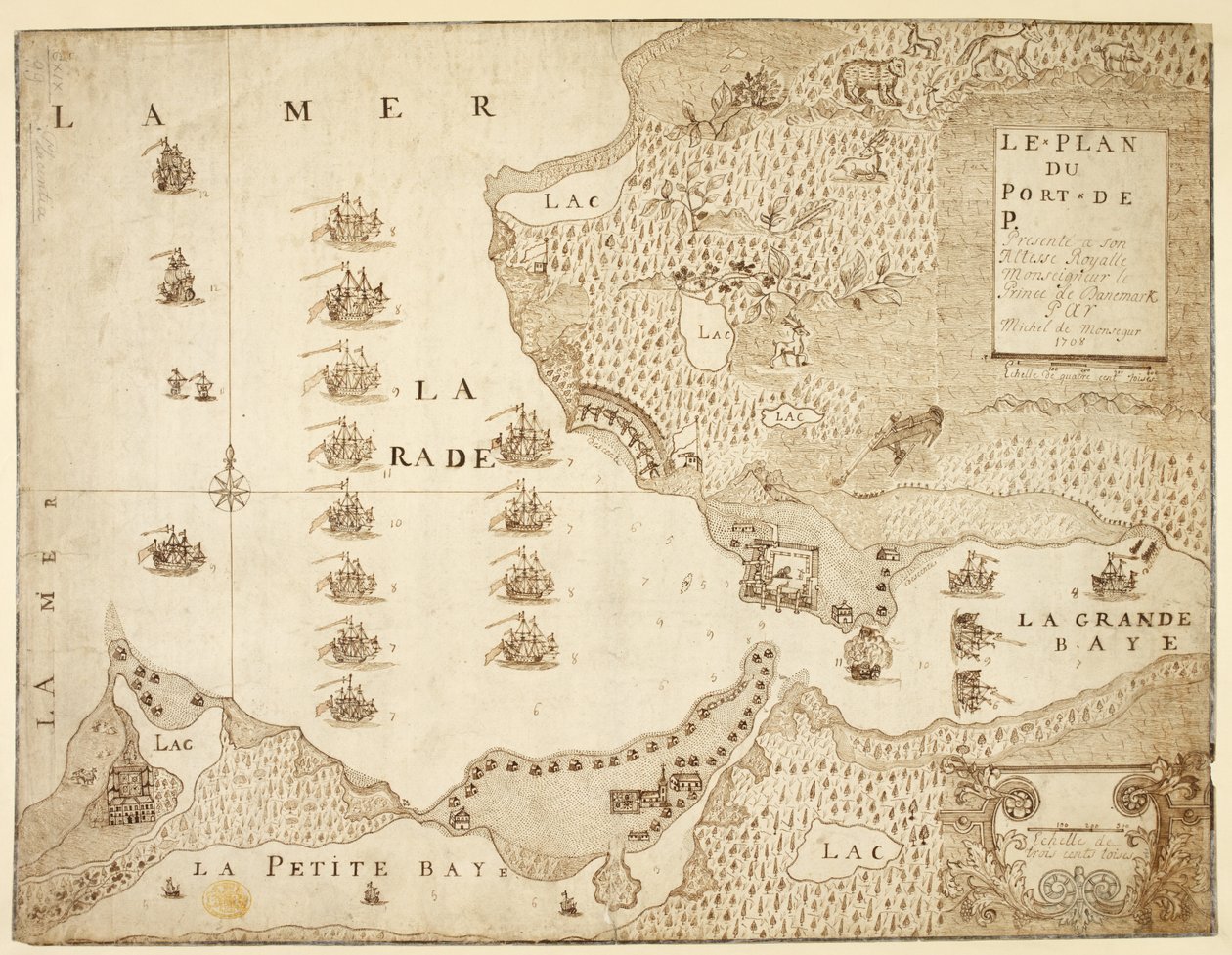 Mapa do Porto de Placentia, Canadá (caneta e tinta sobre papel) de French School