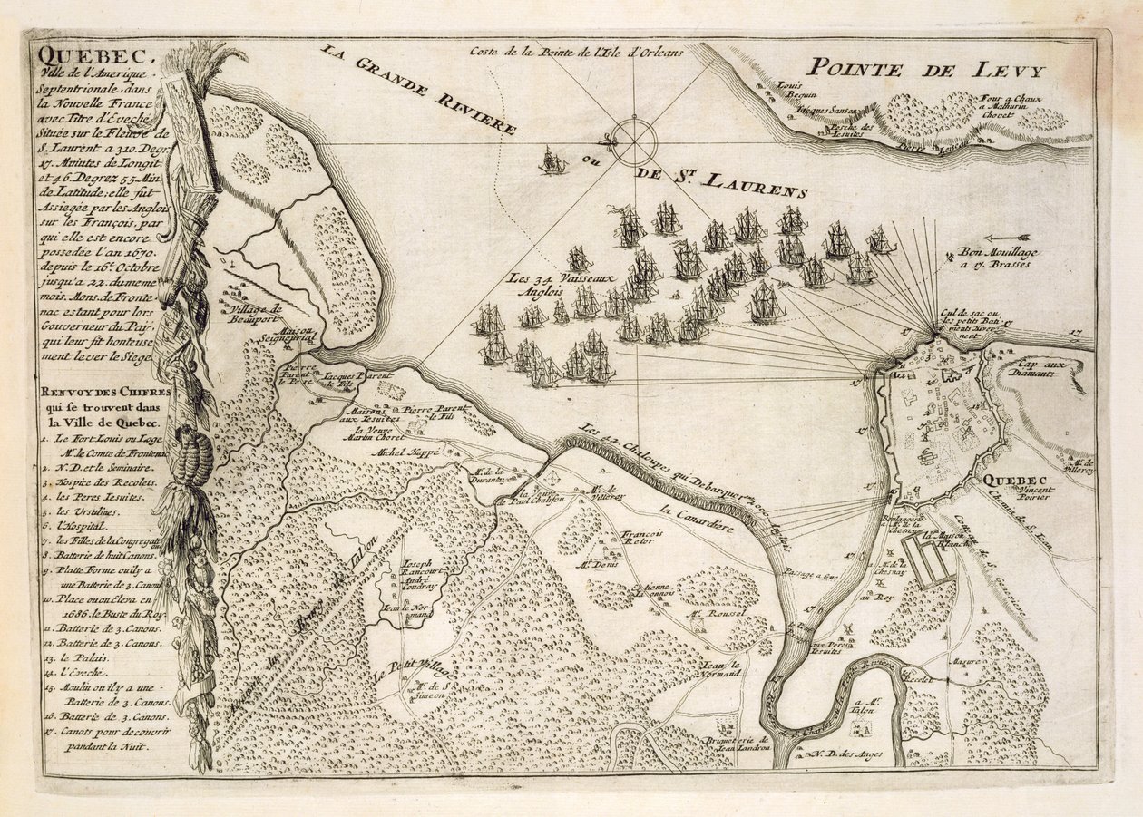Mapa do Cerco de Quebec pela Frota Britânica, 1670 de French School