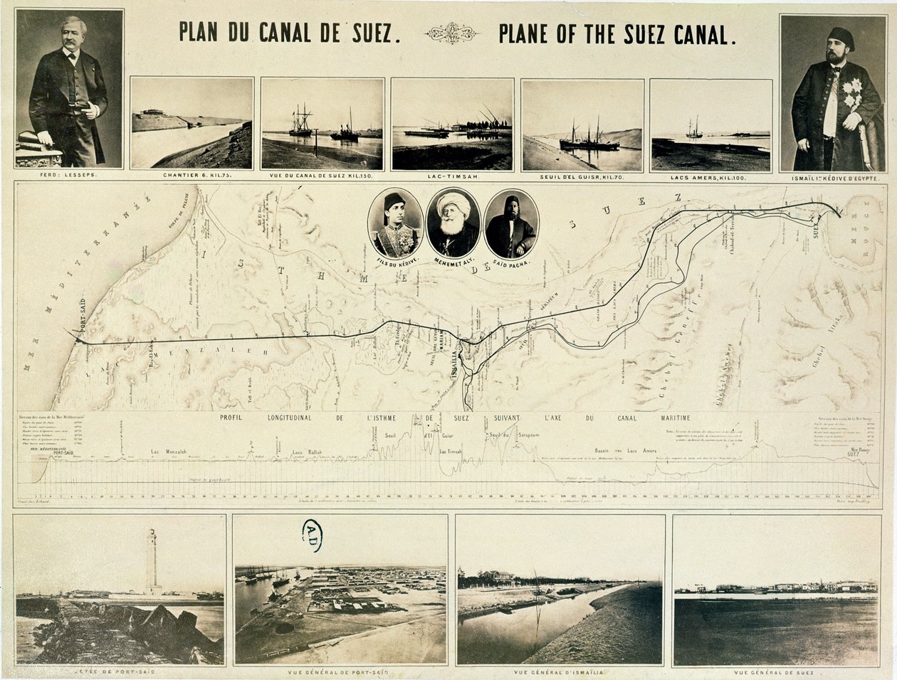 Mapa do Canal de Suez acompanhado por diferentes visões e retratos de Ferdinand de Lesseps (1805-94) e Ismail Pasha (1830-95) 1869 de French School