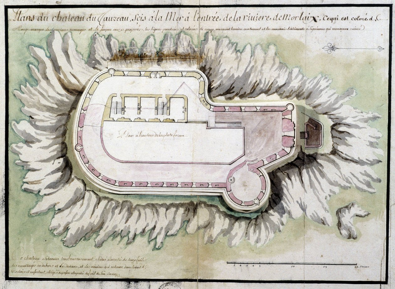 Mapa do castelo de Taurus localizado no mar, à entrada do rio Morlaix de French School