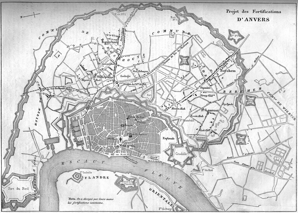 Mapa da cidade de Antuérpia (Bélgica) em 1859; representando o projeto das novas fortificações. Gravura no "Le Monde Illustré" n°128 de 24 de setembro de French School