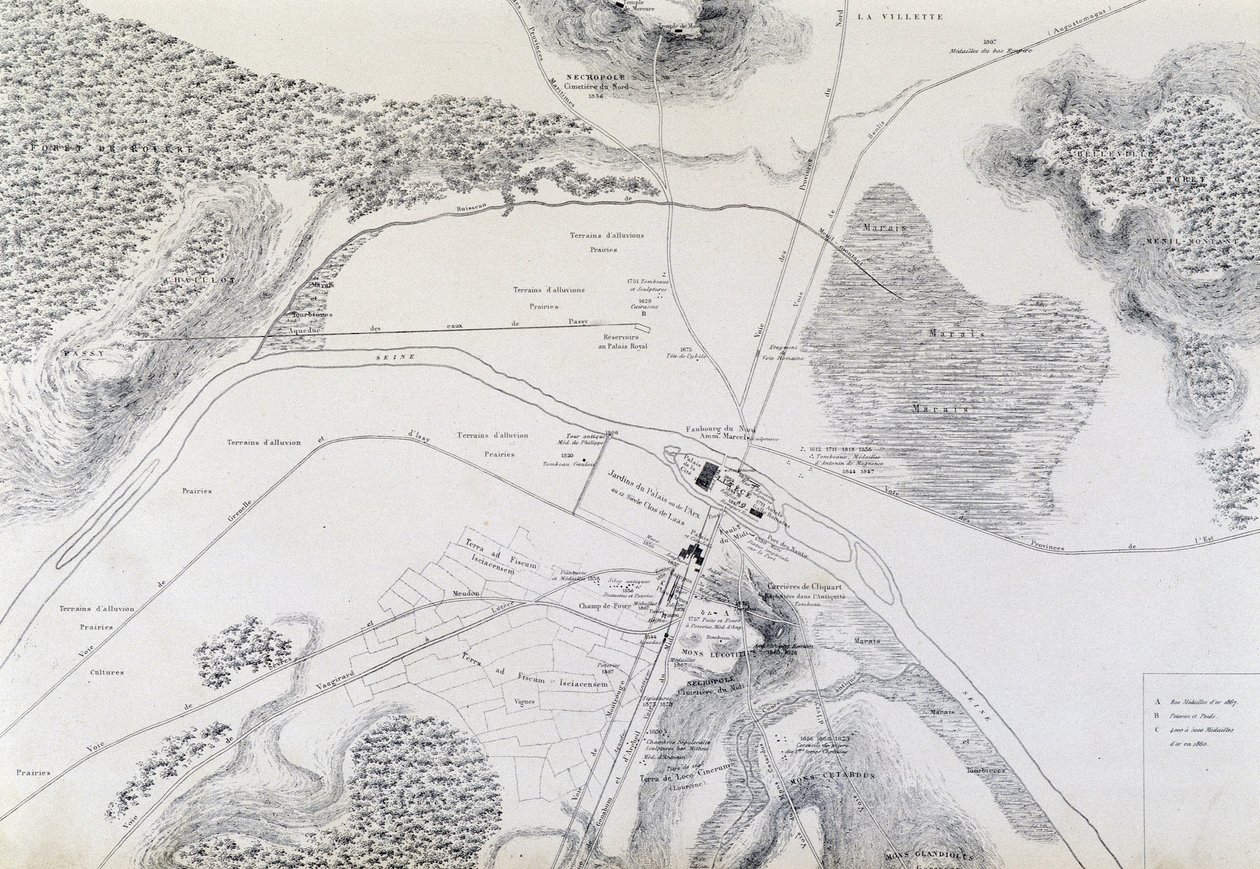 Mapa da cidade de Lutèce (Lutetia Parisorium hoje Paris) e seus arredores feito em 1882. de French School