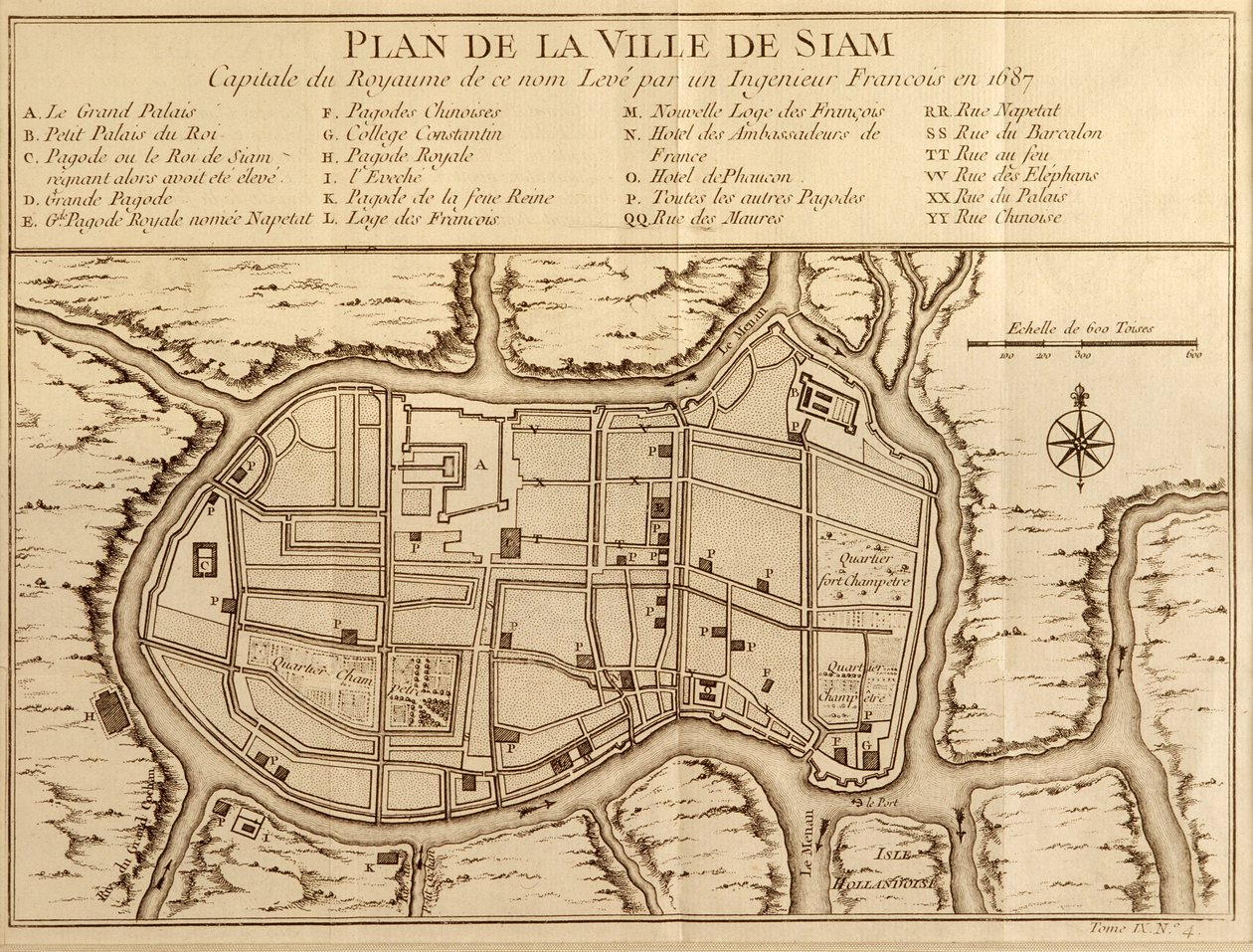 Mapa da cidade de Sião, capital do reino de mesmo nome, após uma pesquisa feita por um engenheiro francês em 1687, publicada na edição de 1751 da Histoire Generale des Voyages por Antoine Prevost de French School