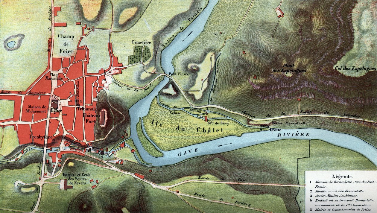 Mapa do país de Lourdes, em 1858, ano das visões de Bernadette Soubirous: mostra a localização da sua casa e da gruta. Altos Pirenéus (65). Cromolitografia em "Notre Dame de Lourdes" de Henri Lasserre de French School