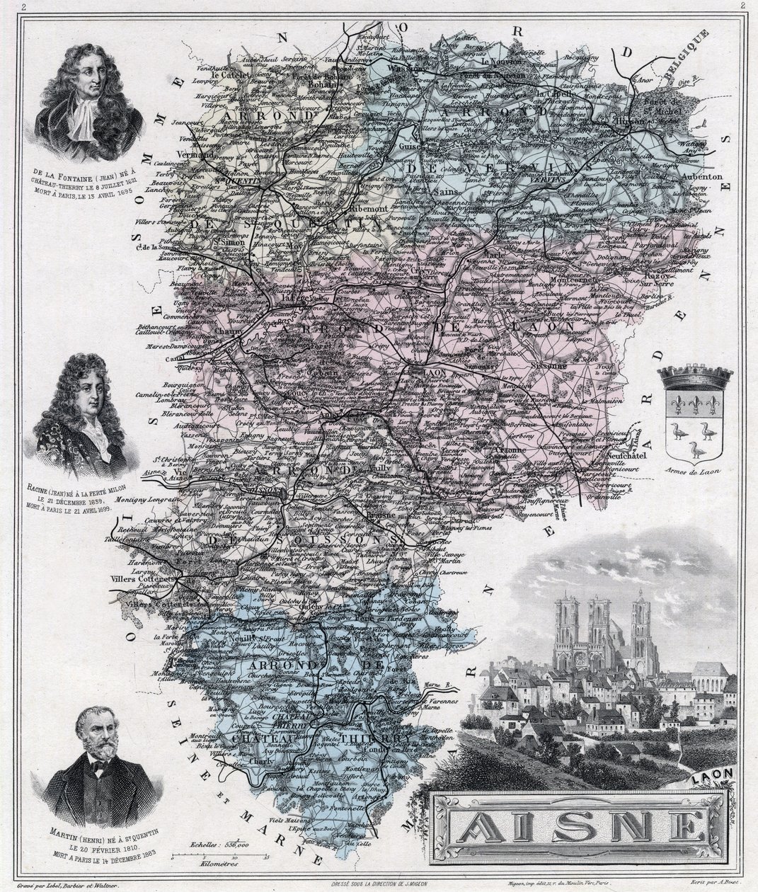 Mapa do departamento de Aisne (gravura 1889) de French School