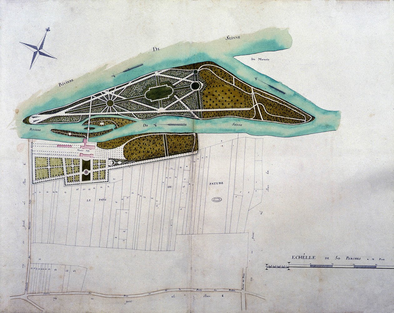 Mapa do jardim de Moulin Joly. Placa do atlas dos planos do território de Colombes (1780), conservada no Arquivo Nacional. de French School