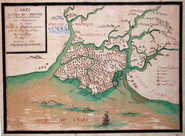 Mapa da ilha de Caiena, Guiana Francesa de French School