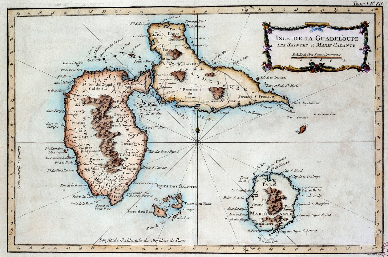 Mapa da ilha da Martinica, da ilha de Saintes e da ilha de Marie Galante nas Índias Ocidentais. Gravura dos Chartres do século XIX, Musee des Beaux Arts de French School
