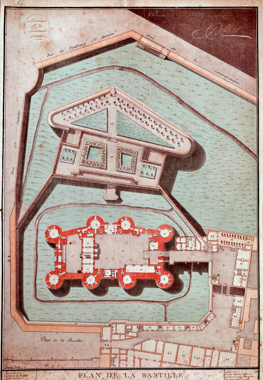Mapa da prisão e dos jardins da Bastilha (gravura de French School