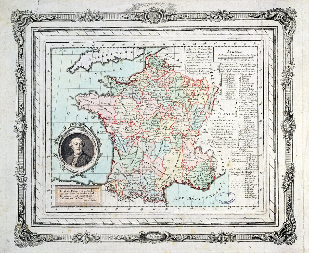 Mapa das regiões e distritos da França, conhecido como o Carte de Necker, 1789 de French School