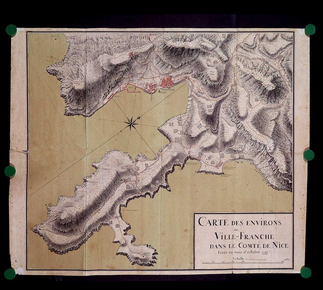 Mapa dos arredores de Villefranche no Conde de Nice em Outubro de 1748 de French School