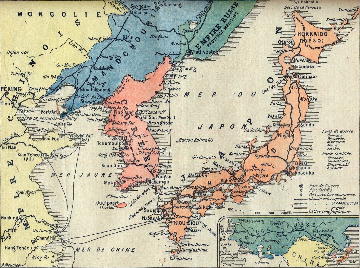 Mapa do teatro da guerra russo-japonesa. Mapa do Teatro da Guerra Guerra Russo-Japonesa - Ilustração para Le petit Journal, 28 de Fevereiro de 1904 de French School