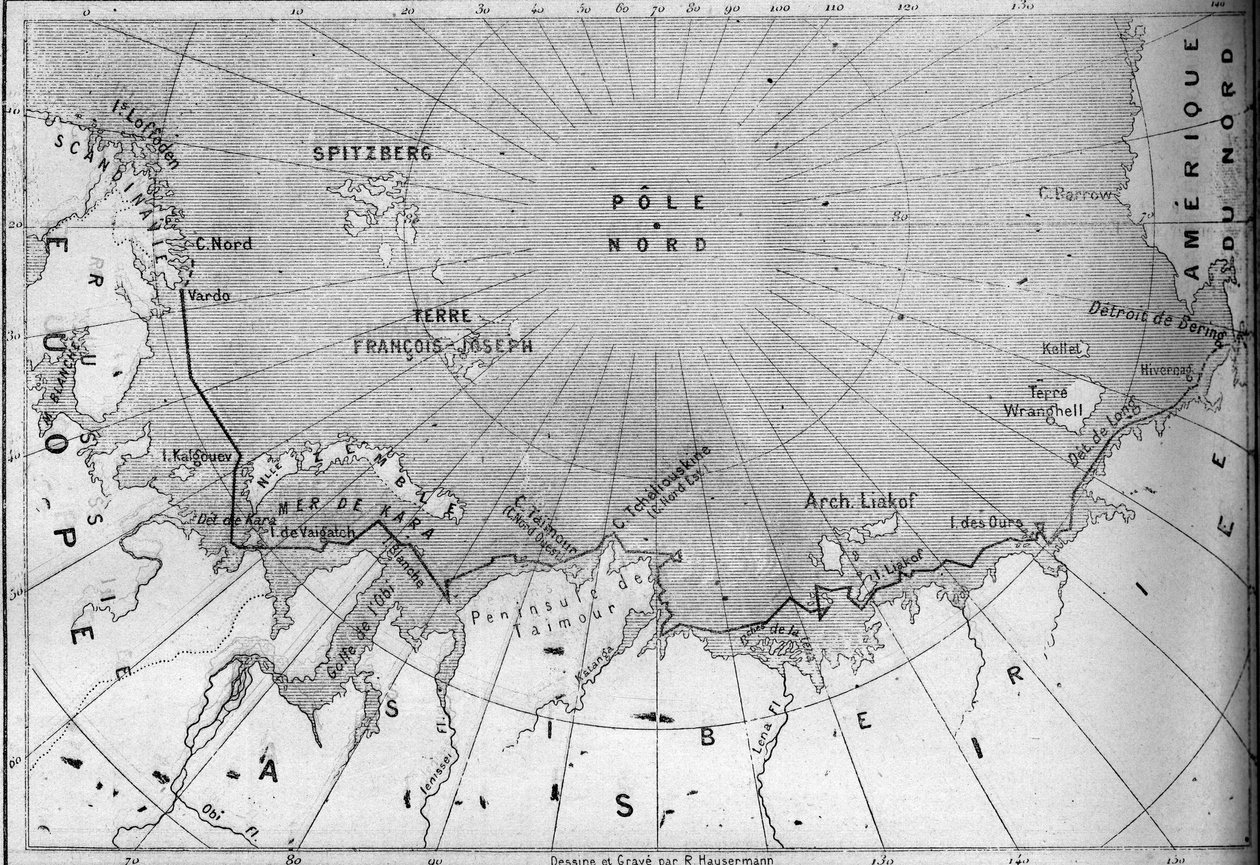 Mapa da viagem do "Vega" traçado pelo explorador Nils Adolf Erik (Eric) Barão Nordenskjold (Nordenskiold) (1832-1901). Em 1878 Nordenskjold passou do Oceano Atlântico para o Oceano Pacífico ao longo da costa da Sibéria. Gravura em "Le Monde Illust de French School