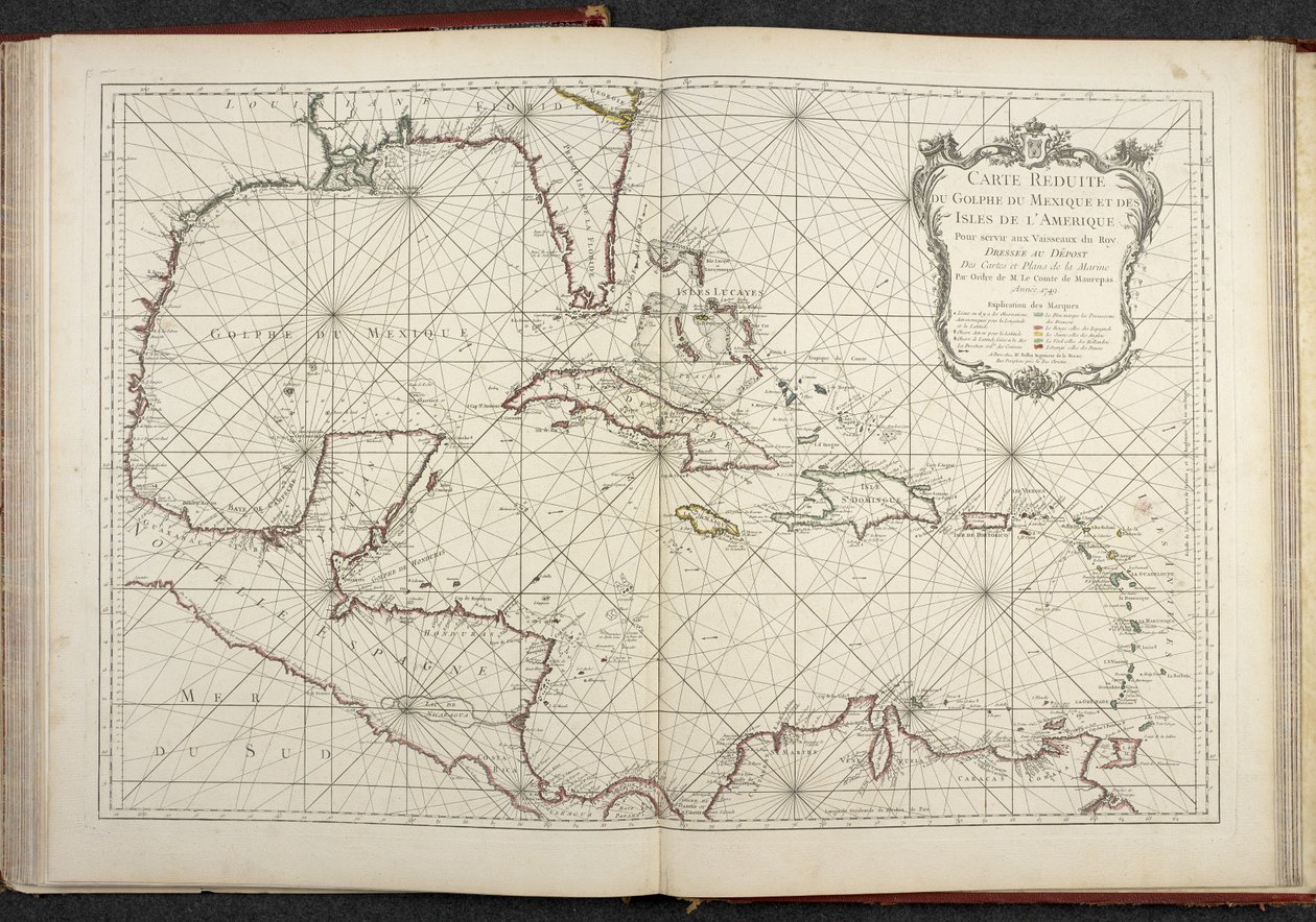 Mapa mostrando o Golfo do México, mapa reduzido do Golfo do México e as ilhas da América de French School