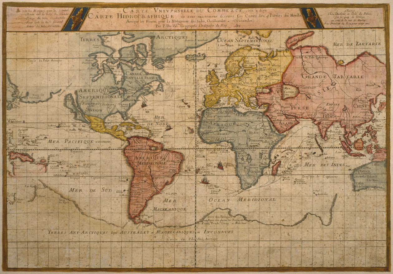 Mapa mostrando as rotas de transporte de comércio mundial, cartografia por Pierre Duval (1619-83) publicado em 1686, Paris (gravura de cor) de French School
