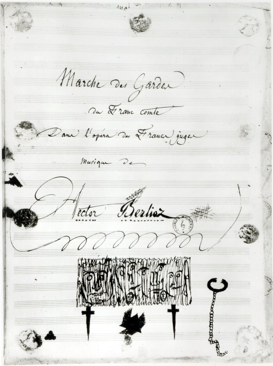 &39;Marcha dos Guardas do Conde dos Francos&39; da ópera &39;Os Franks Juízes&39; de Hector Berlioz (1803-69) 1826 (caneta e tinta no papel) de French School