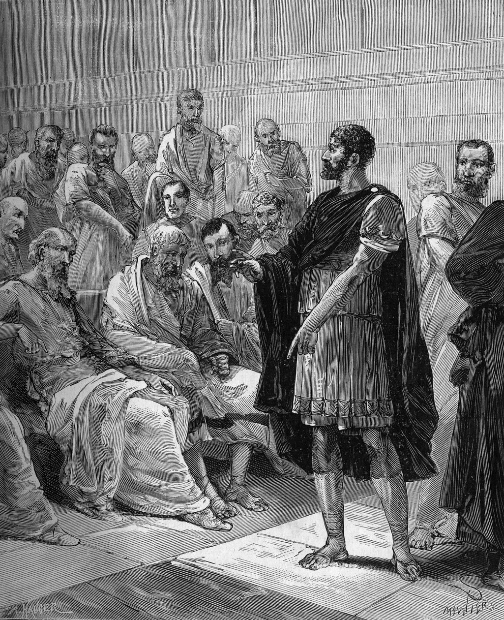 Marcus Atilius Regulus perante o Senado Romano - O cônsul romano Marcus Atilius Regulus (cerca de 256 AC) perante o Senado Romano - em "História popular da ciência, invenções e descobertas desde os primeiros séculos até aos dias de hoje" por Bitard Adolphe de French School