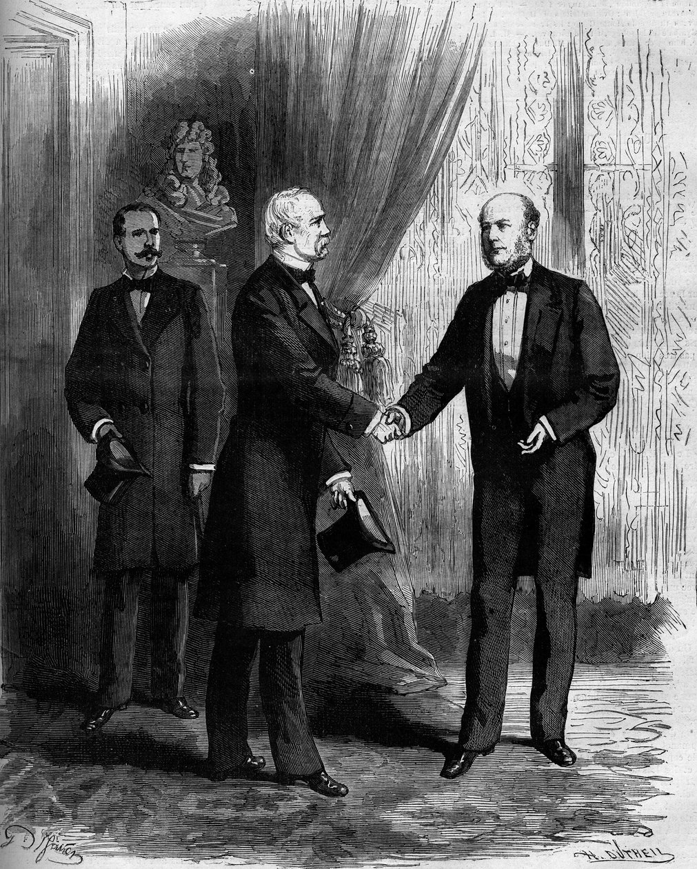 Marechal Patrice de Mac Mahon (Mac-Mahon) (1808-1893) felicita o seu sucessor à presidência da República Francesa, Jules Grevy (1807-1892). Gravura no "Le Monde Illustré" n°1141 de 8 de fevereiro de French School
