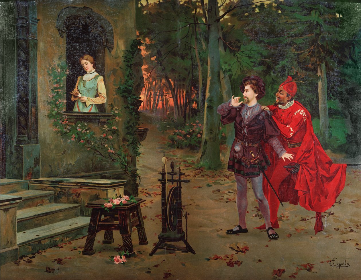 Marguerite, Faust e Mephisto Cena de Fausto por Charles Gounod (1818-1893). por volta de 1900. de French School