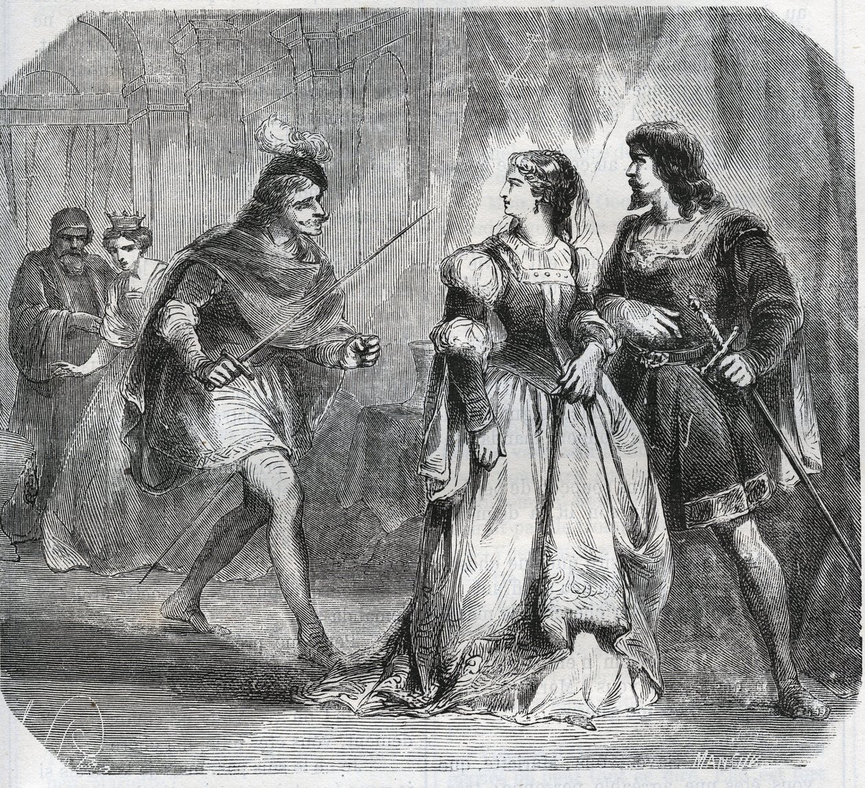 Marguerite de Baviere, Duquesa de Borgonha (1363-1423) e Rainha Isabelle de Baviere (1371-1435) separam Luís I de Valois, Duque de Orleães (1372-1407) e Jean Sans Ppeur, Duque de Borgonha (1371-1419), que lutam pelo governo de de French School