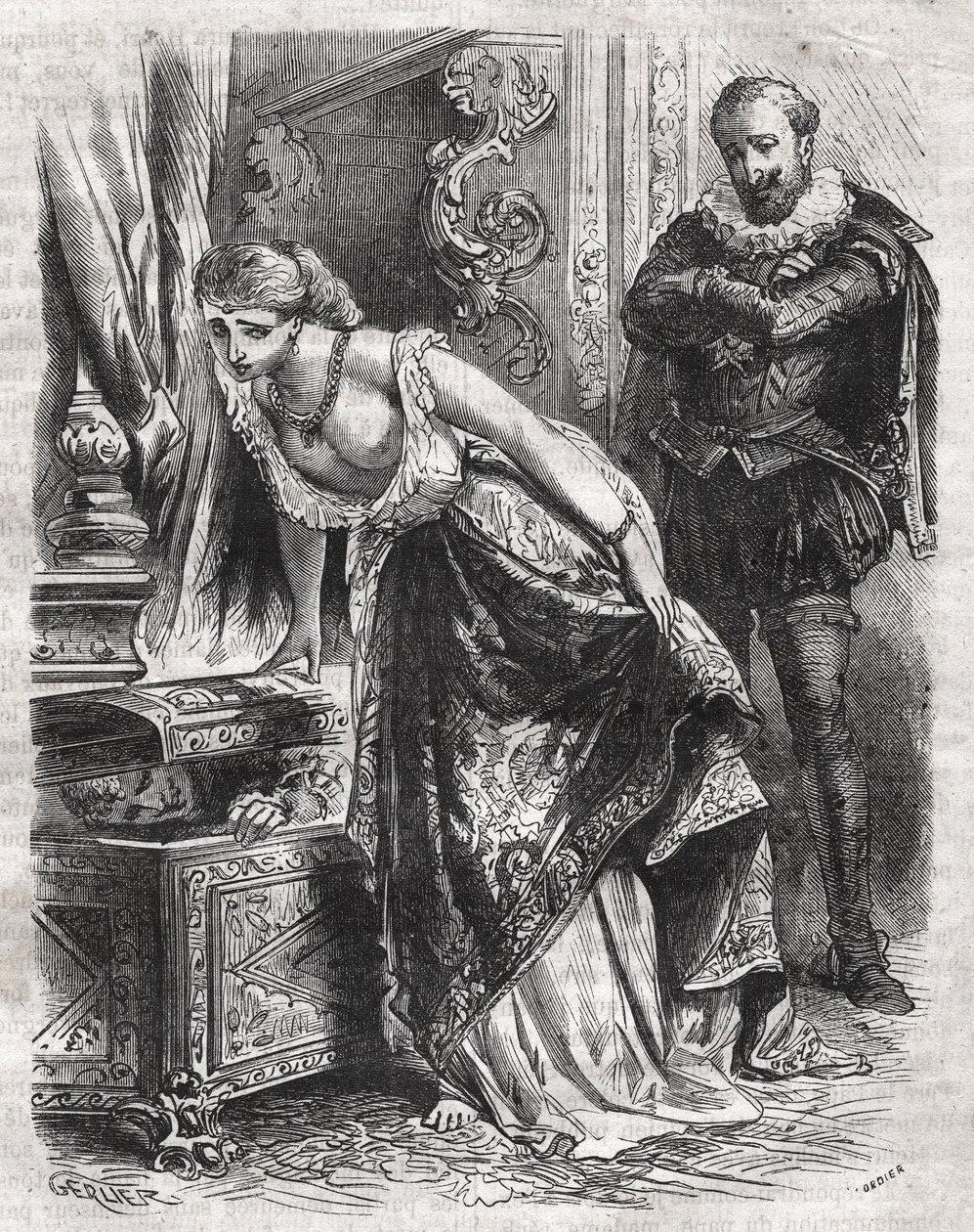 Marguerite de Valois (1553-1615), conhecida como Rainha Margot, esconde Julien de Leris, seu amante, em um cofre. Seu marido, o rei Henrique IV da França (1553-1610), observa a cena com diversão. Século XVI. Gravura de 1871 em "Histoire Des Cocuses Celebre de French School