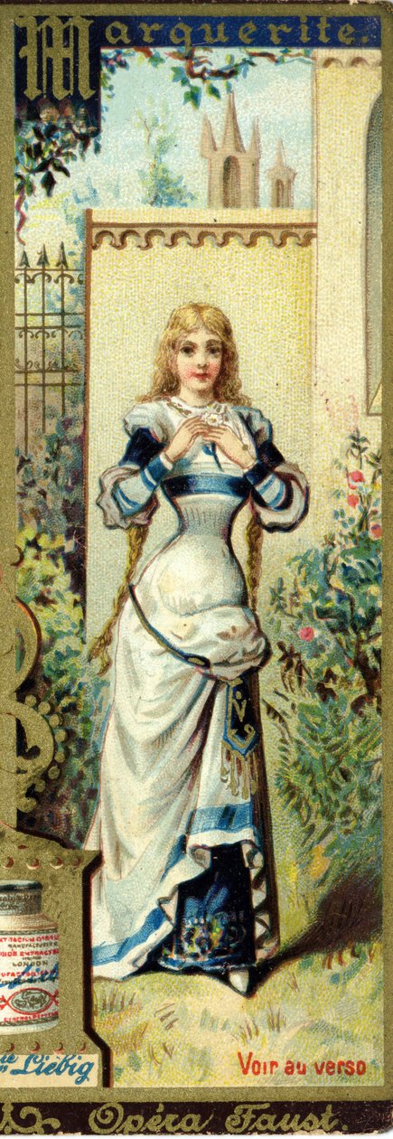Marguerite na ópera Fausto de Charles Gounod, criada em 1859, após a peça de Johann Wolfgang von Goethe. Alfabeto de nomes femininos sobre o tema: trajes e óperas femininas. Cromolitografia publicitária de Liebig . de French School