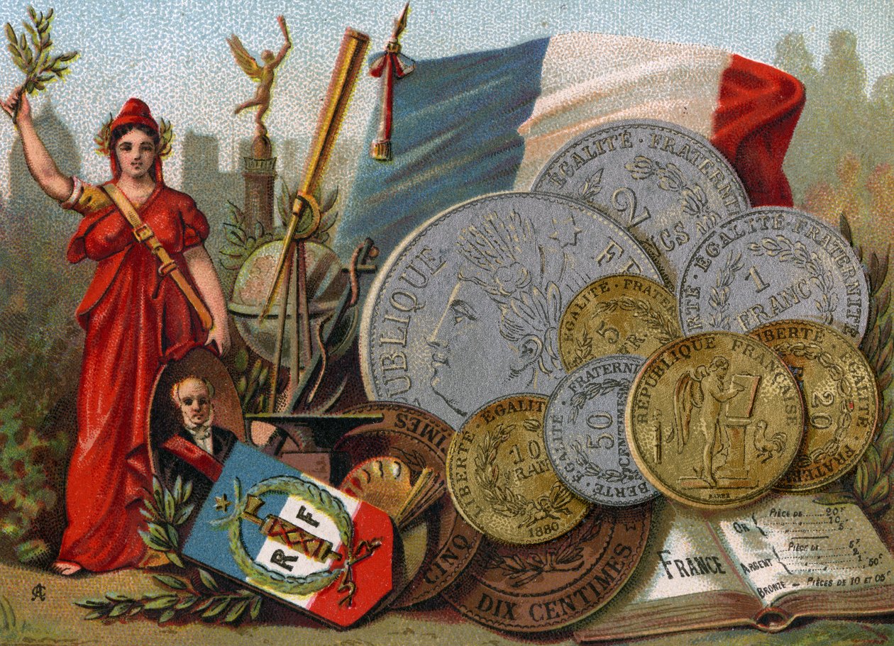 Marianne ao lado da bandeira francesa Tricolore, um globo e telescópio e uma exposição de francos, c.1890 de French School
